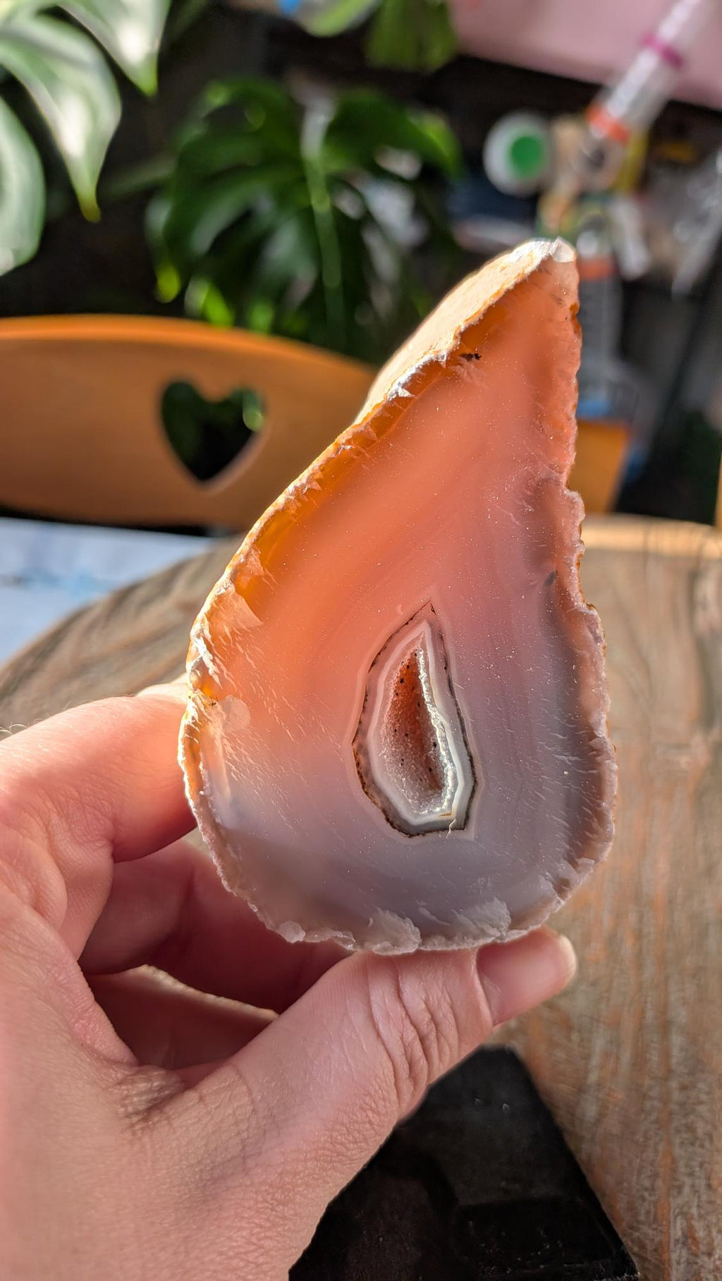 Detailopname van de agaatgeode die de fijne kristallen in de centrale holte en de zachte kleurringen van de steen toont.