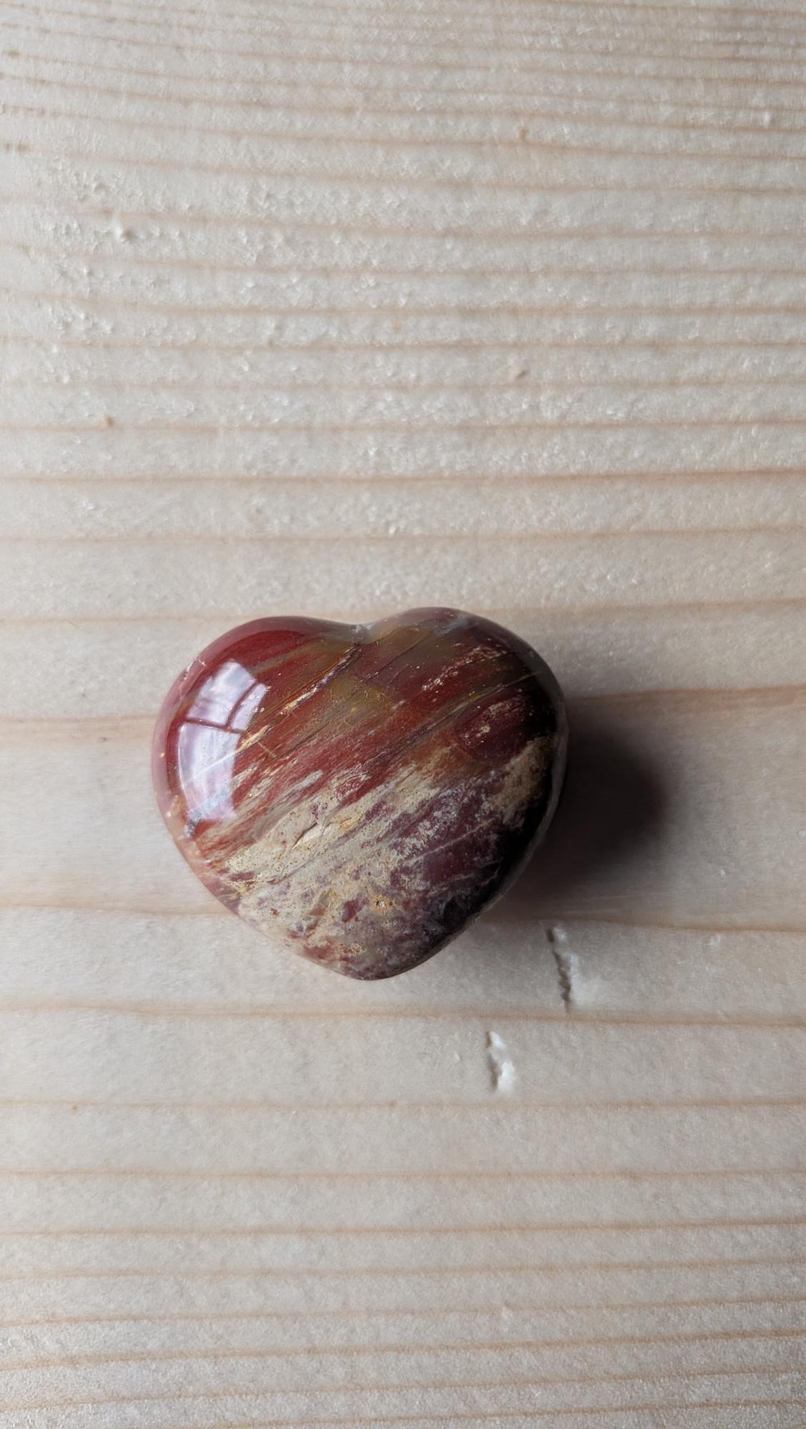 Een gepolijst hartje van Versteend Hout met warme bruine en rode houtnerven, 3,5 cm groot, gefotografeerd op een houten ondergrond.