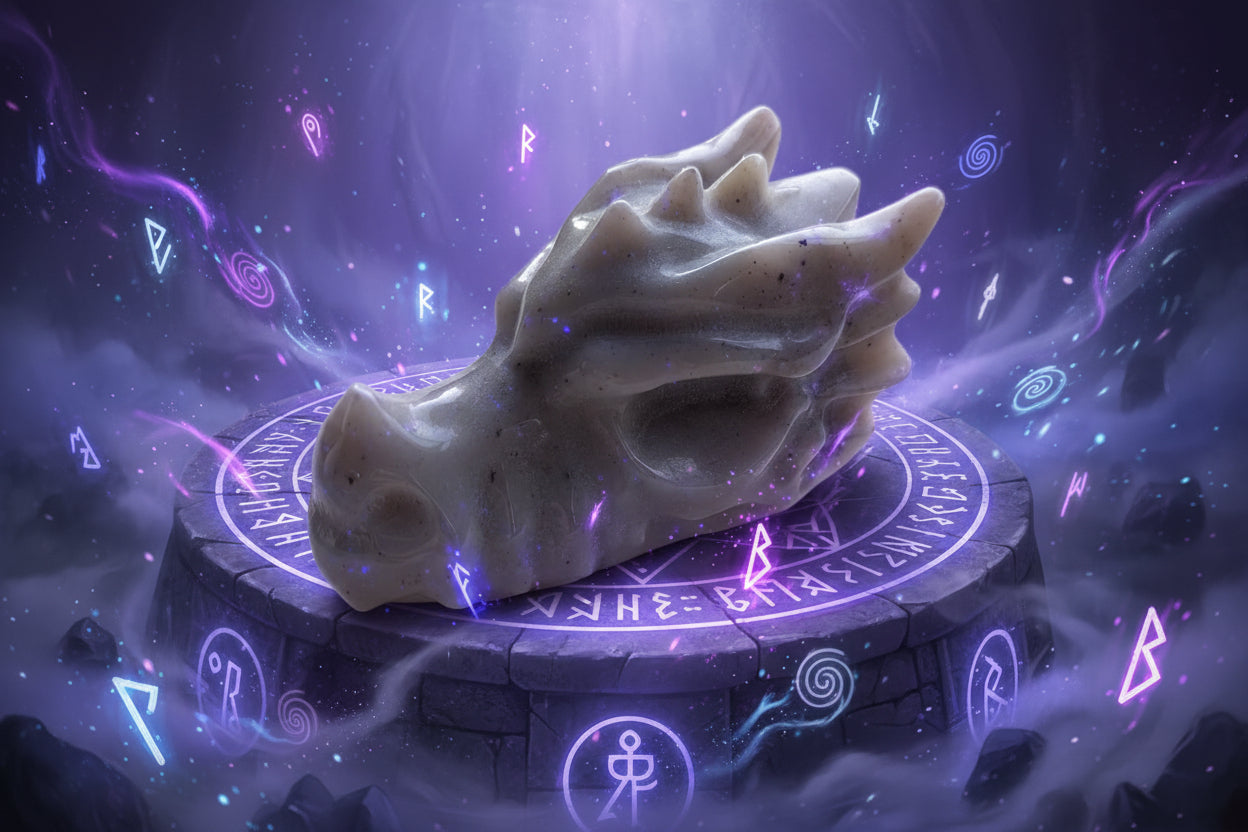 Gedetailleerde handgeslepen drakenschedel van grijze agaat edelsteen, ca. 8 cm lang en 226 gram, op een houten achtergrond.