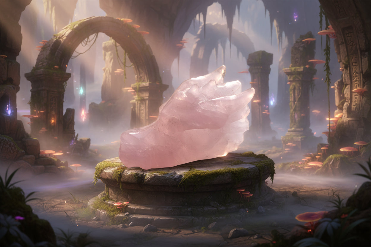 Unieke handgeslepen drakenschedel van lichtroze rozenkwarts 