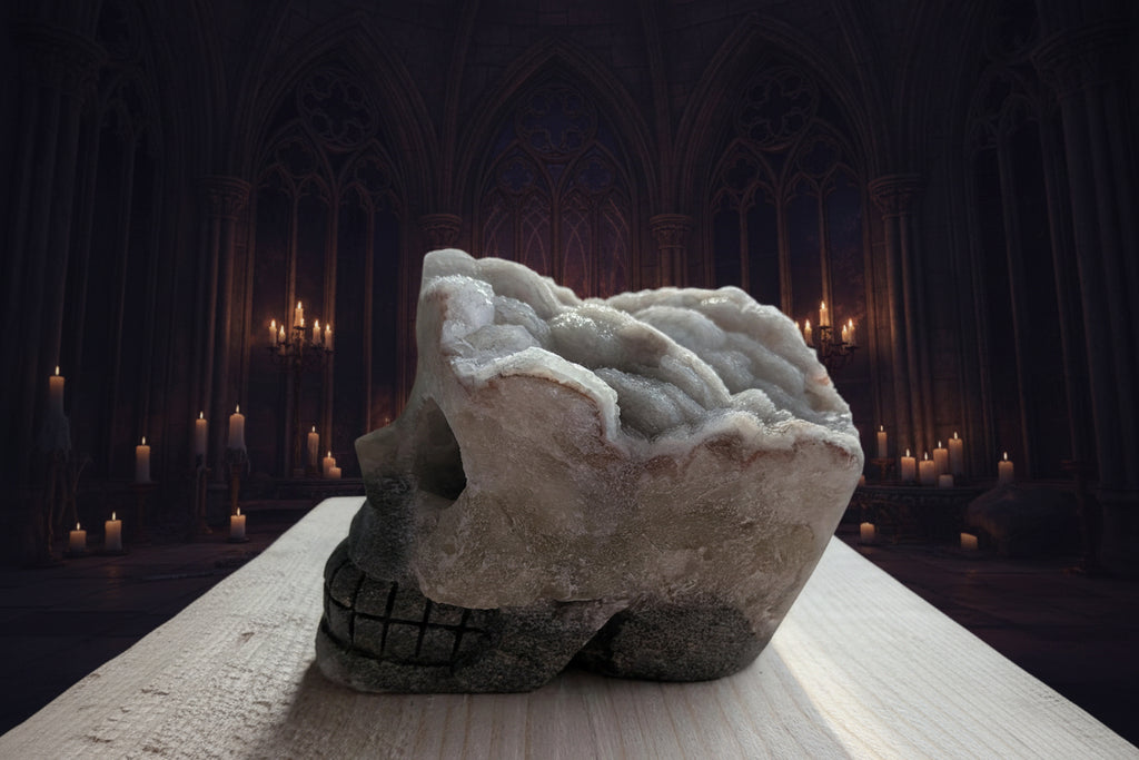 Profiel van een zware pyriet crystal skull met duidelijke kristalstructuur aan de bovenzijde en gedetailleerd gesneden tanden.