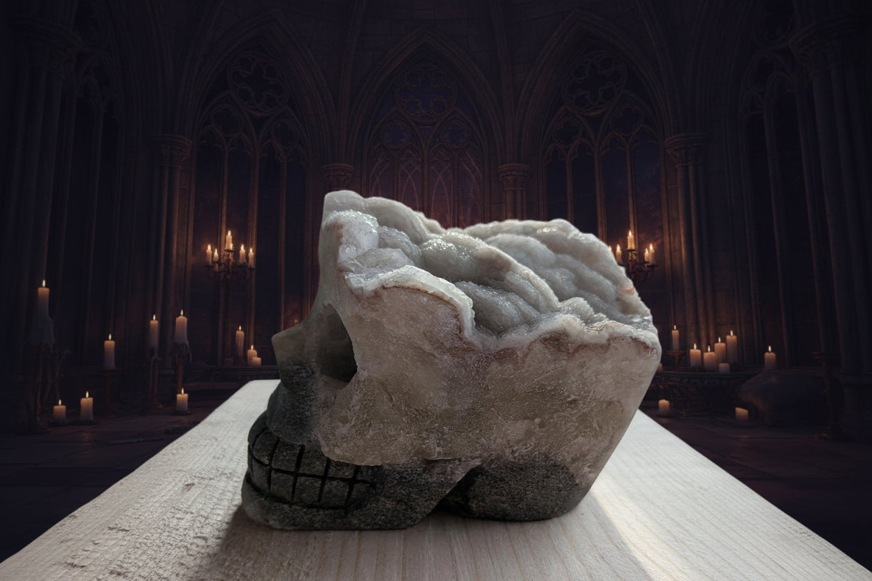 Profiel van een zware pyriet crystal skull met duidelijke kristalstructuur aan de bovenzijde en gedetailleerd gesneden tanden.