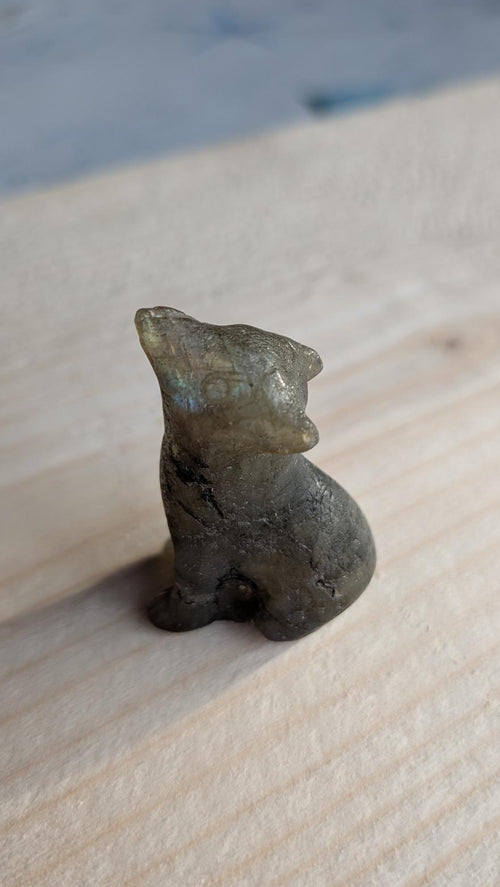 andgesneden wolfje van grijze labradoriet met blauwe glans op een houten ondergrond.