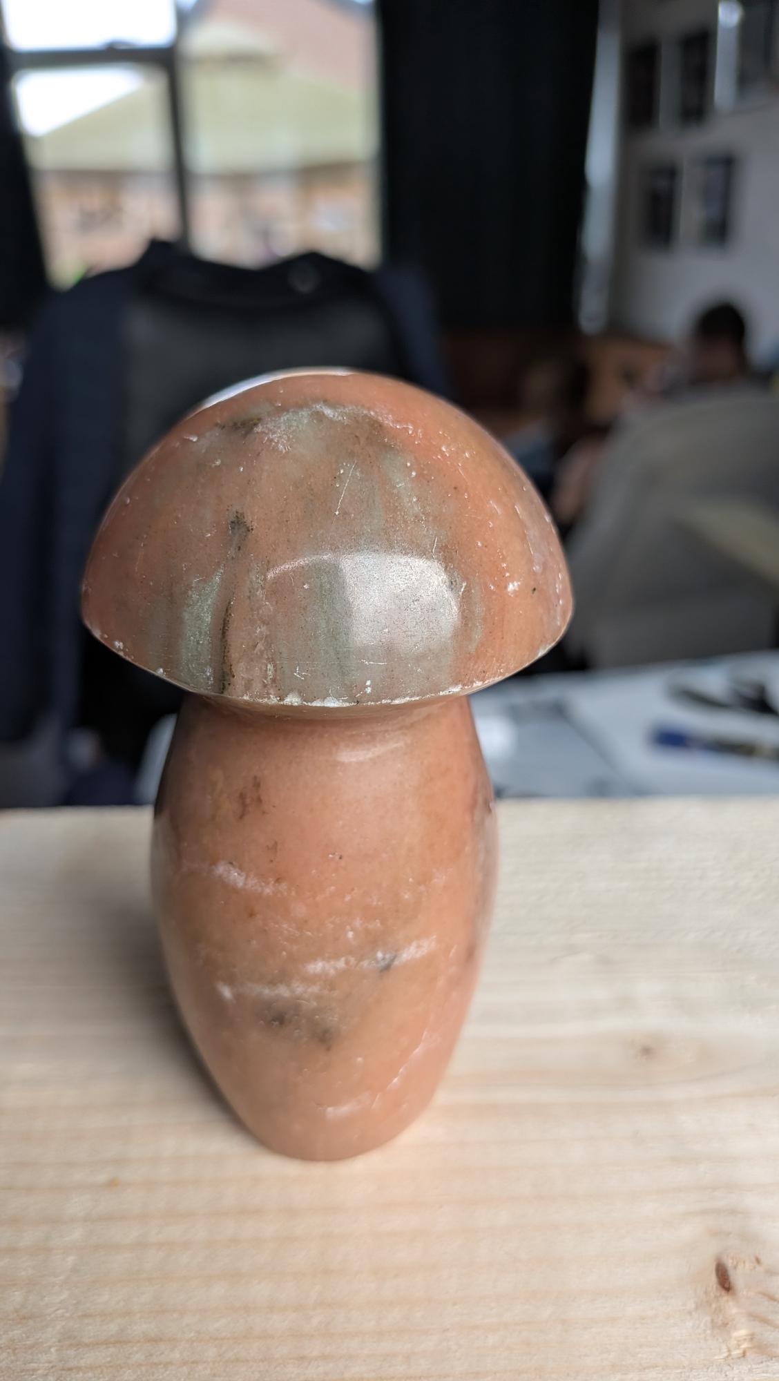 Grote handgeslepen paddenstoel van polychroom jaspis in terracotta en zandkleuren.