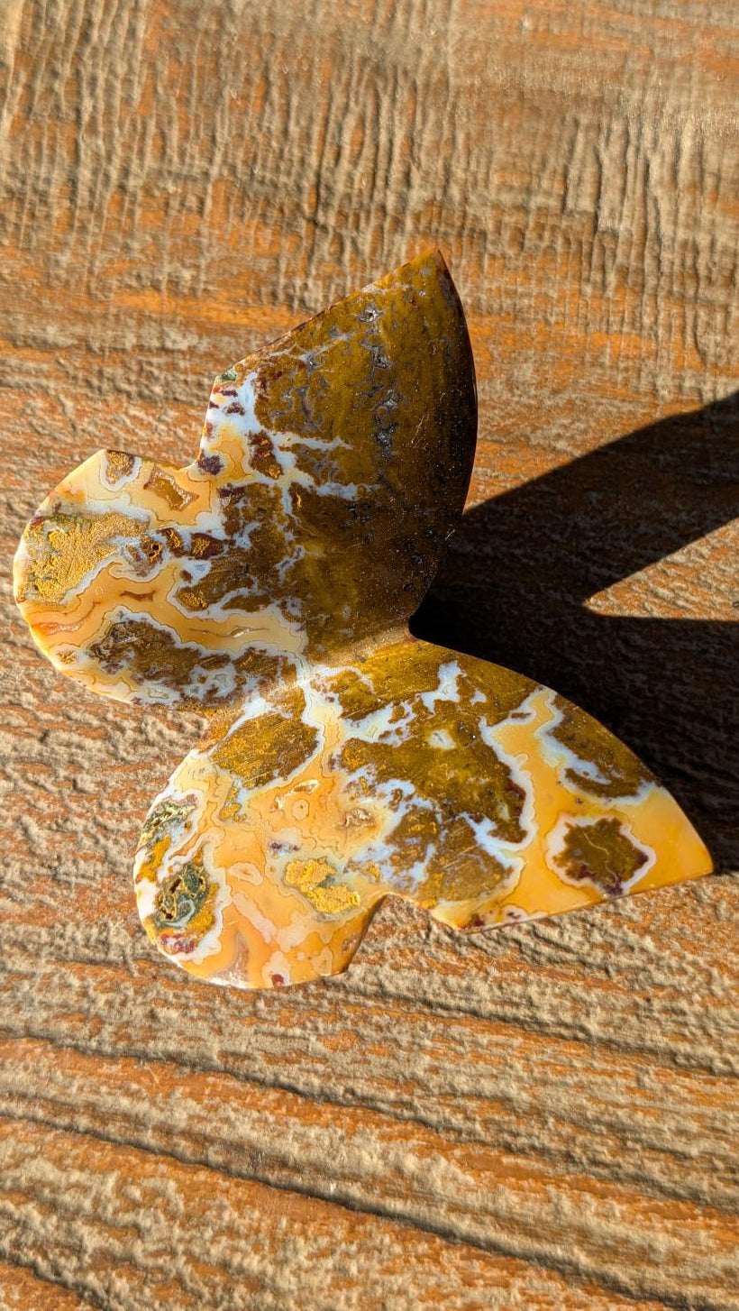 Handgesneden 3D-vlinder van kleurrijke Jaspis met complexe natuurlijke patronen, authentiek vakmanschap uit Java, Indonesië.