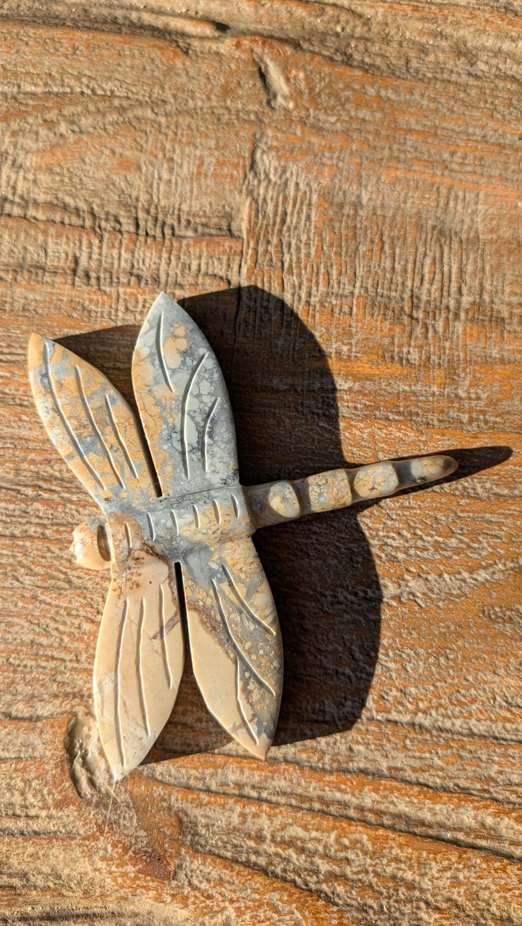 Detailopname van de natuurlijke grijze en gele breccie-structuren in de vleugels van de Maligano Jaspis libelle.