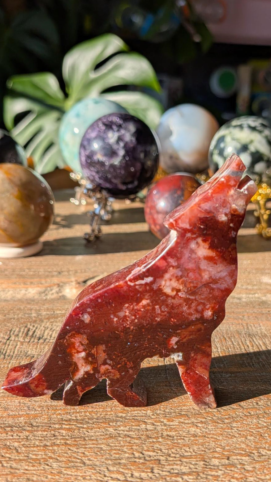 Handgesneden huilende wolf van dieprode Carneool, 8,5x7 cm, authentiek en gedetailleerd handwerk uit Java, Indonesië.