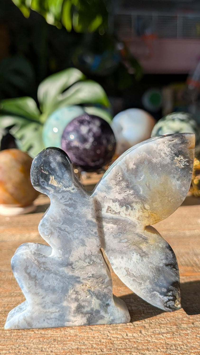 Close-up van het Blue Pacific Agaat elfje tonend de dromerige blauwgrijze en witte patronen van de natuursteen.