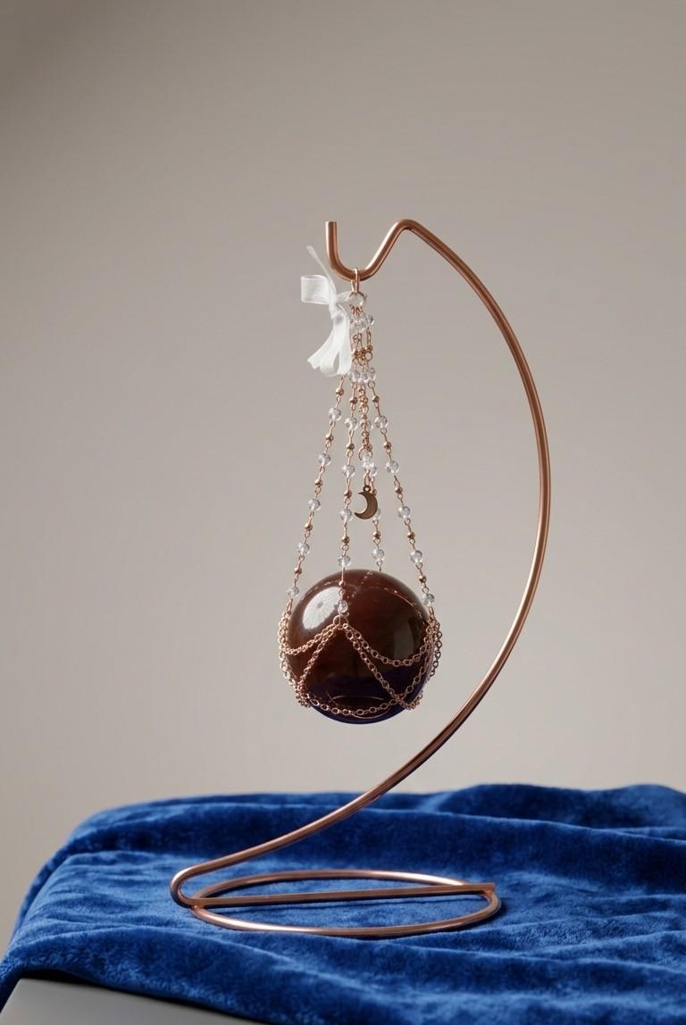 "Oranje-rode carneool bol van 5,5 cm hangend in een koperkleurig kettingharnas aan een gebogen standaard, luxe edelsteen decoratie met maan detail."