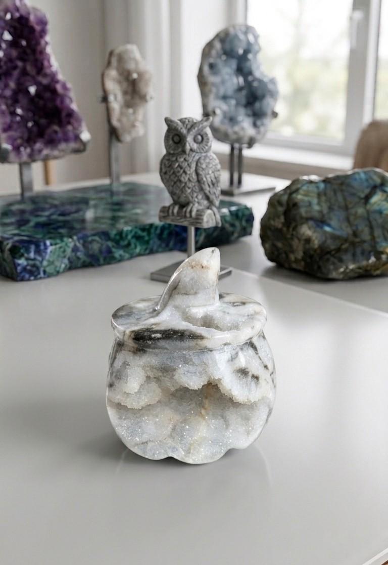 Handgesneden kleine heksenketel van grijze Sphaleriet met een glinsterende kristalgeode, ambachtelijk gemaakt op Java.