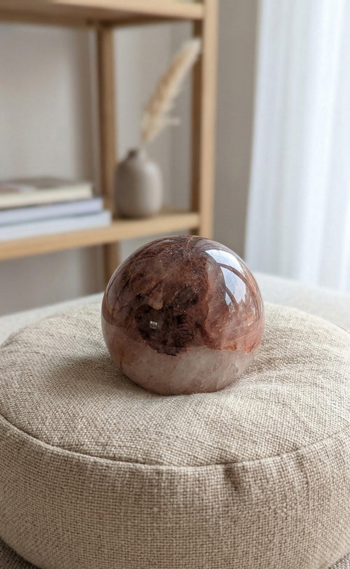 Gepolijste Fire Quartz bol van 7 cm met dieprode hematiet insluitingen op een linnen kussentje. Kristal voor focus en vitaliteit.