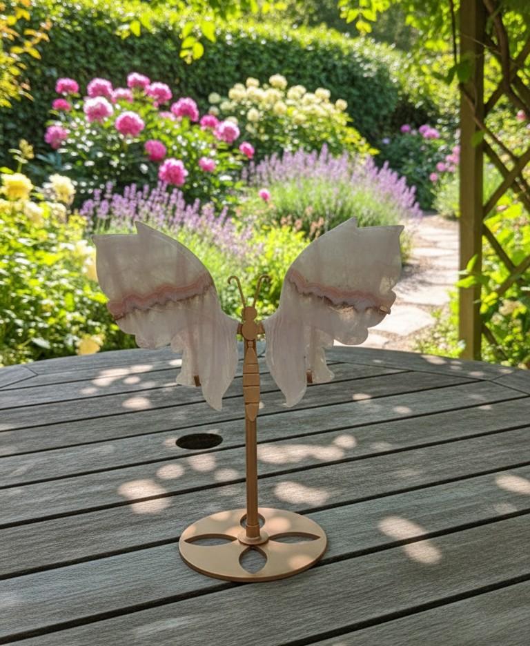 Roze Amethist vleugels met agaat banden in vlindervorm op een zwarte metalen standaard, 23 cm breed, gefotografeerd in een zonnige tuin.