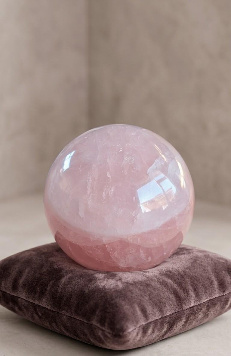 Grote massieve Rozenkwarts bol van 10 cm op een luxe paars kussentje, gewicht 1.7 kg. Exclusief kristal object voor liefde en harmonie.