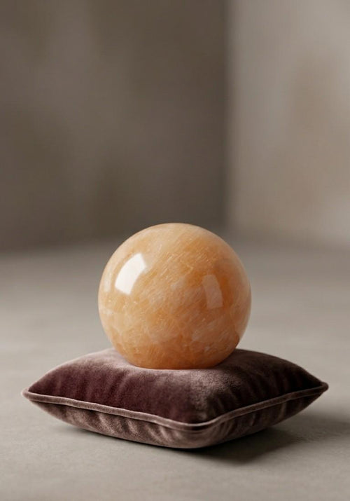 Gepolijste Oranje Calciet bol van 5 cm op een bruin fluwelen kussentje. Edelsteen voor vrolijkheid en energie.