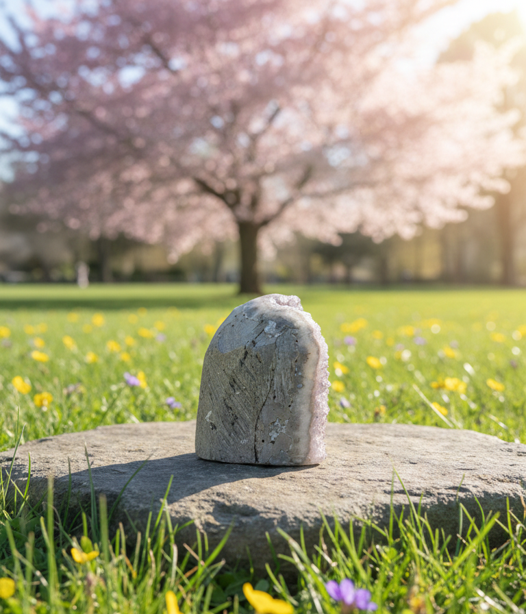 Achteraanzicht van de natuurlijke grijze matrix van een 263 grams amethist kristal in een groene tuin.