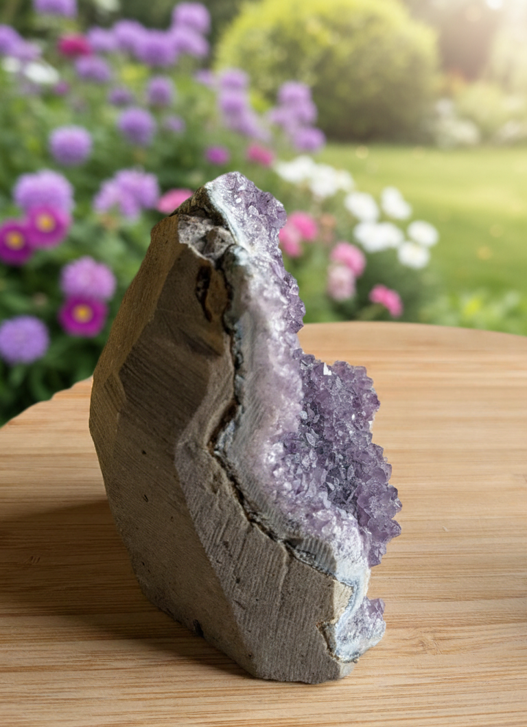 Zelfstaande paarse amethist geode cluster van 656 gram op een houten ondergrond.