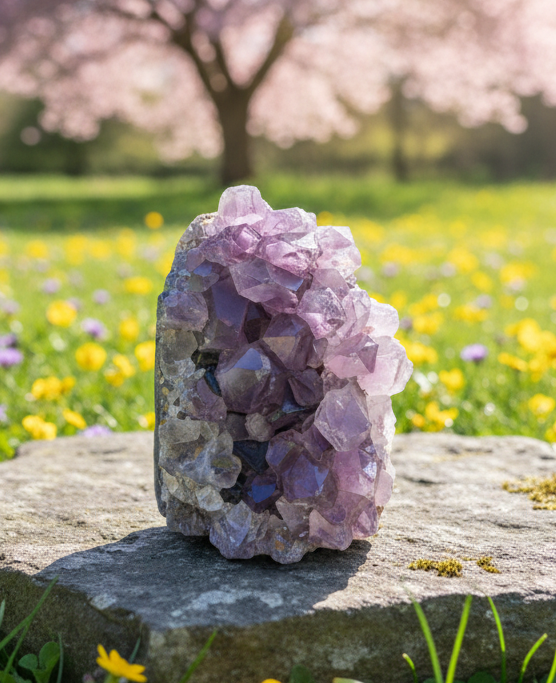 Amethist cluster van 423 gram met grote kristalpunten op een stenen plateau in de natuur.
