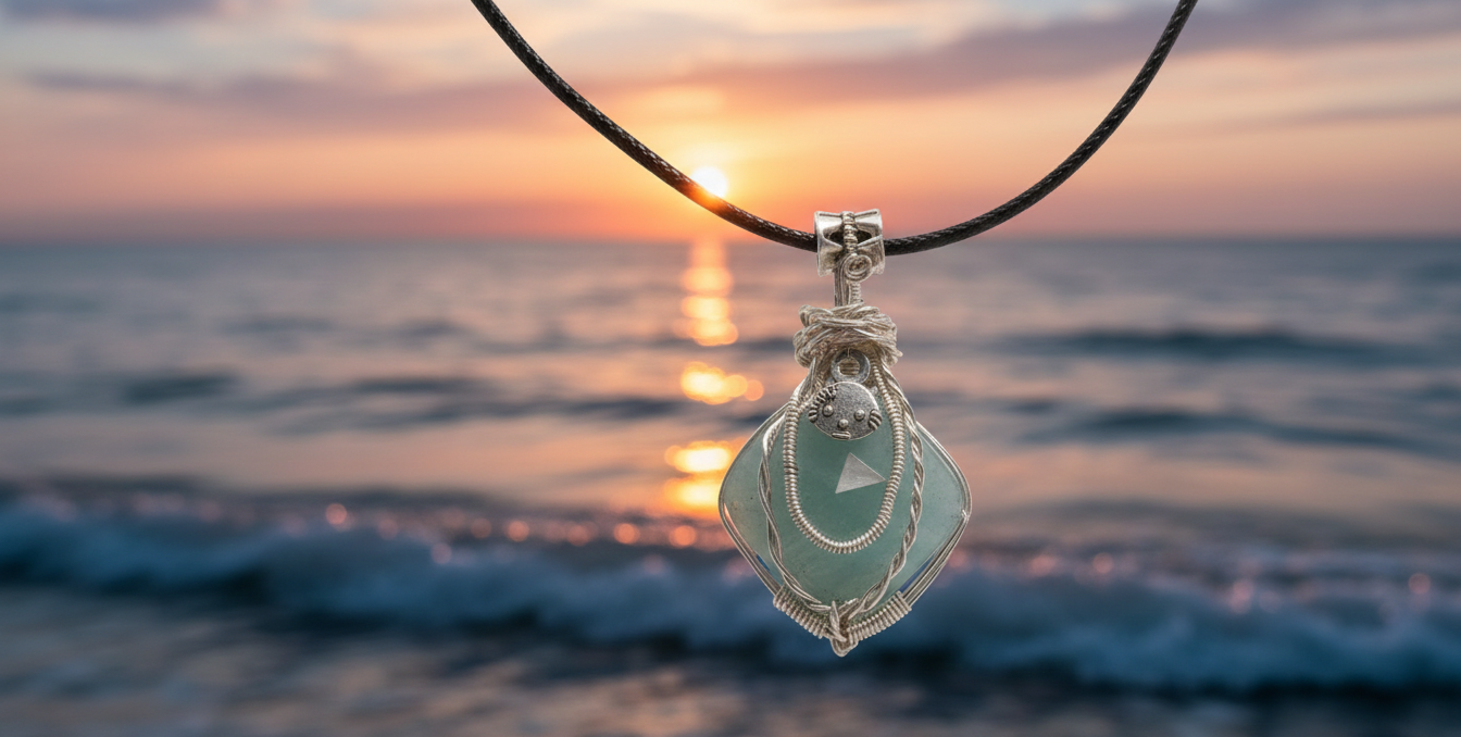 Handgemaakte verzilverde hanger met een ruitvormige Aquamarijn edelsteen en een zilveren kattenbedel tegen een sfeervolle zonsondergang aan de kust.