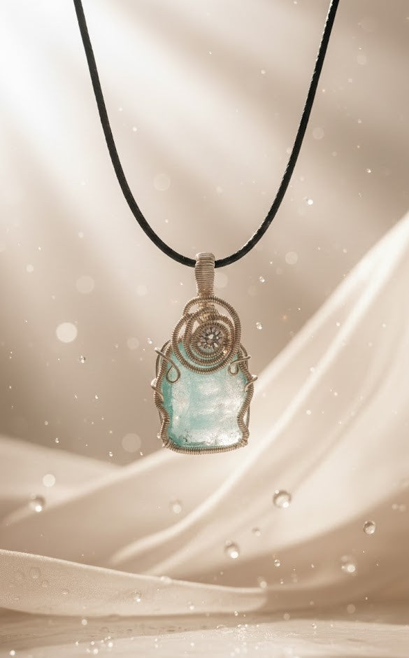 Handgemaakte verzilverde wire-wrap hanger met een ruwe aquamarijn edelsteen en een klein kristal, zwevend tegen een dromerige beige satijnen achtergrond met lichtsprankelingen.