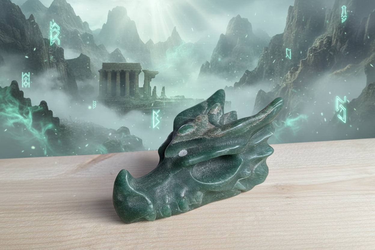 Unieke handgeslepen drakenschedel van groene aventurijn edelsteen op een houten ondergrond, 10 cm lang en 215 gram.