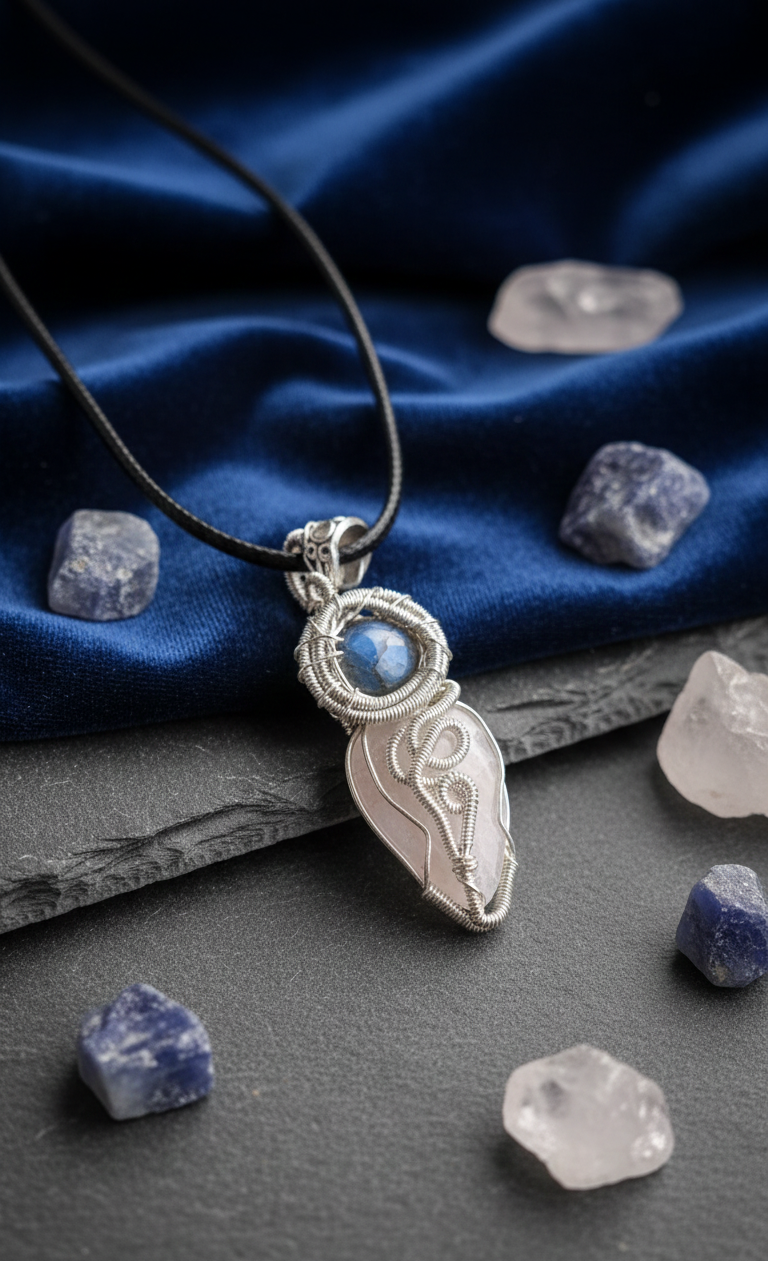 Handgemaakte wire-wrapped hanger met Belomoriet en Labradoriet edelstenen, liggend op een dromerige achtergrond van donker hout en fonkelende kristallen.