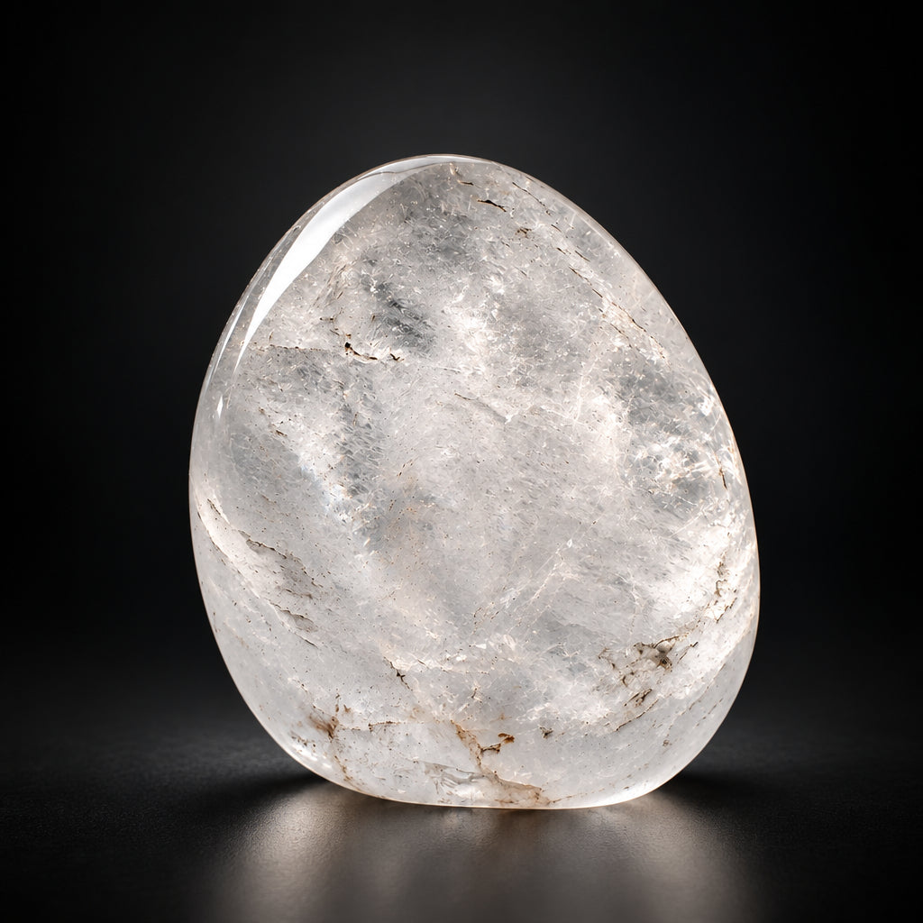 Handgepolijste bergkristal freeform van 464 gram met heldere transparantie en natuurlijke witte sluiers, staand op een houten tafel.