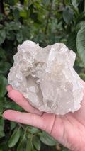 Een hand houdt een helder bergkristal cluster van 1163 gram vast, met zichtbare schitterende kristalpunten