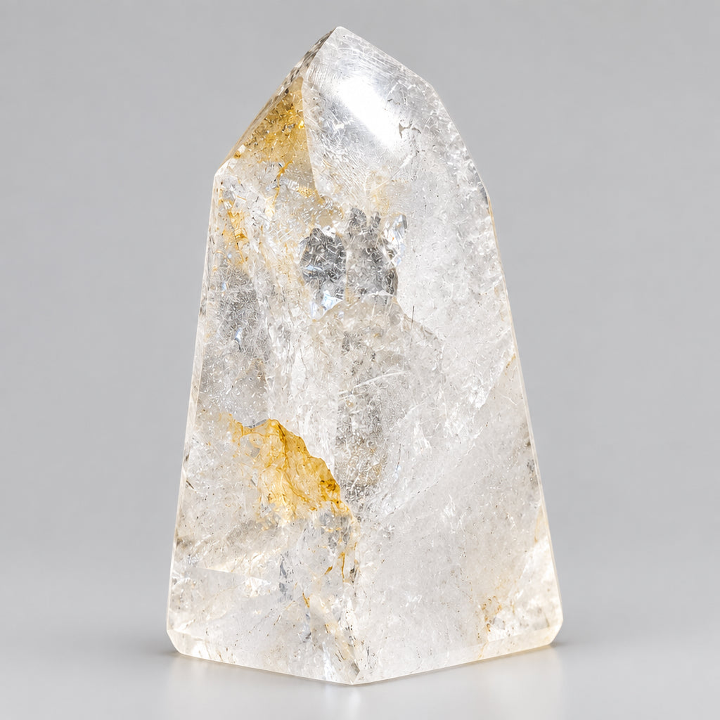 Bergkristal met Golden Healer freeform van 870 gram, getoond vanuit verschillende hoeken met helder kwarts en gouden accenten[cite: 5, 6].