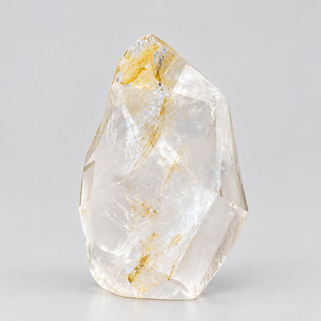 Bergkristal met golden healer vlam van 310 gram, getoond vanuit verschillende hoeken met heldere kwartsstructuur en gouden insluitsels.