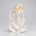 Bergkristal met golden healer vlam van 310 gram, getoond vanuit verschillende hoeken met heldere kwartsstructuur en gouden insluitsels.