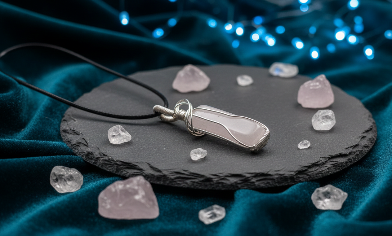 Handgemaakte langwerpige Bergkristal hanger met een verzilverd wire-wrap design aan een zwart koord.