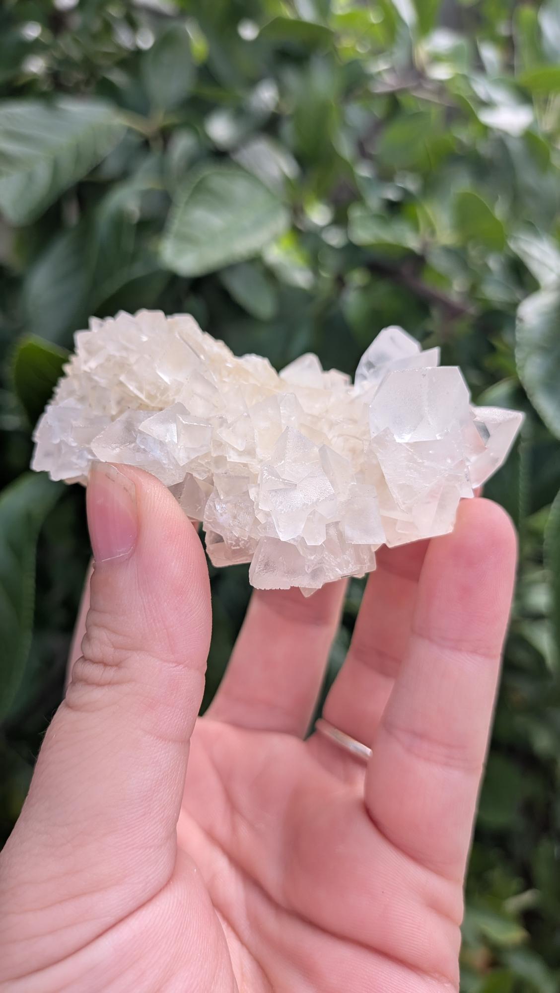 Een hand houdt een gedetailleerd en helder calciet cluster uit Indonesië van 94 gram vast, met een unieke, natuurlijke kristalstructuur