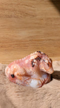 Handgesneden hagedis carving van carneool bloemagaat met fijne schubbenstructuur.