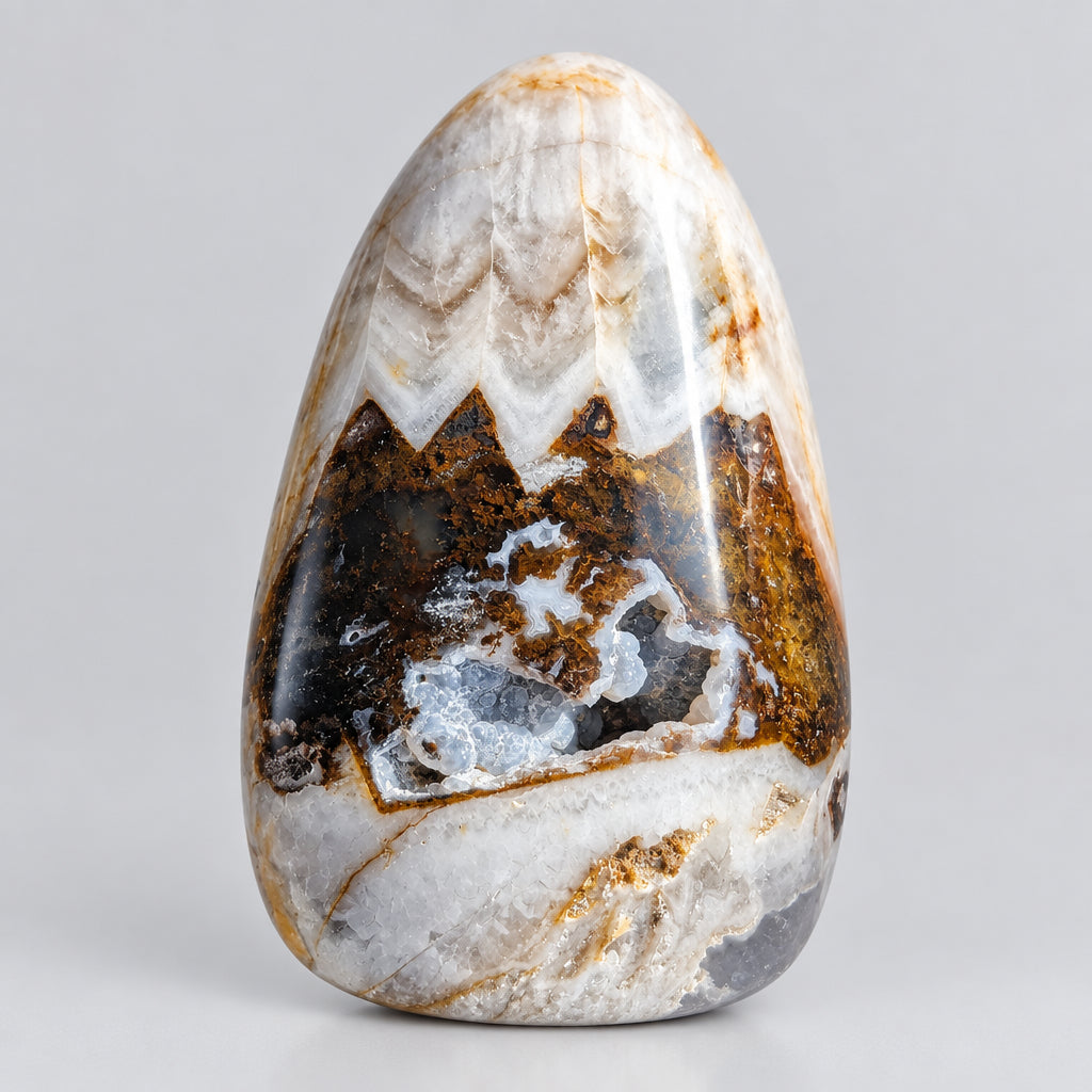 Handgepolijste chalcedoon Agaat freeform van 218 gram met een opvallende natuurlijke kristalholte vol fonkelende druzy, staand op een houten ondergrond.