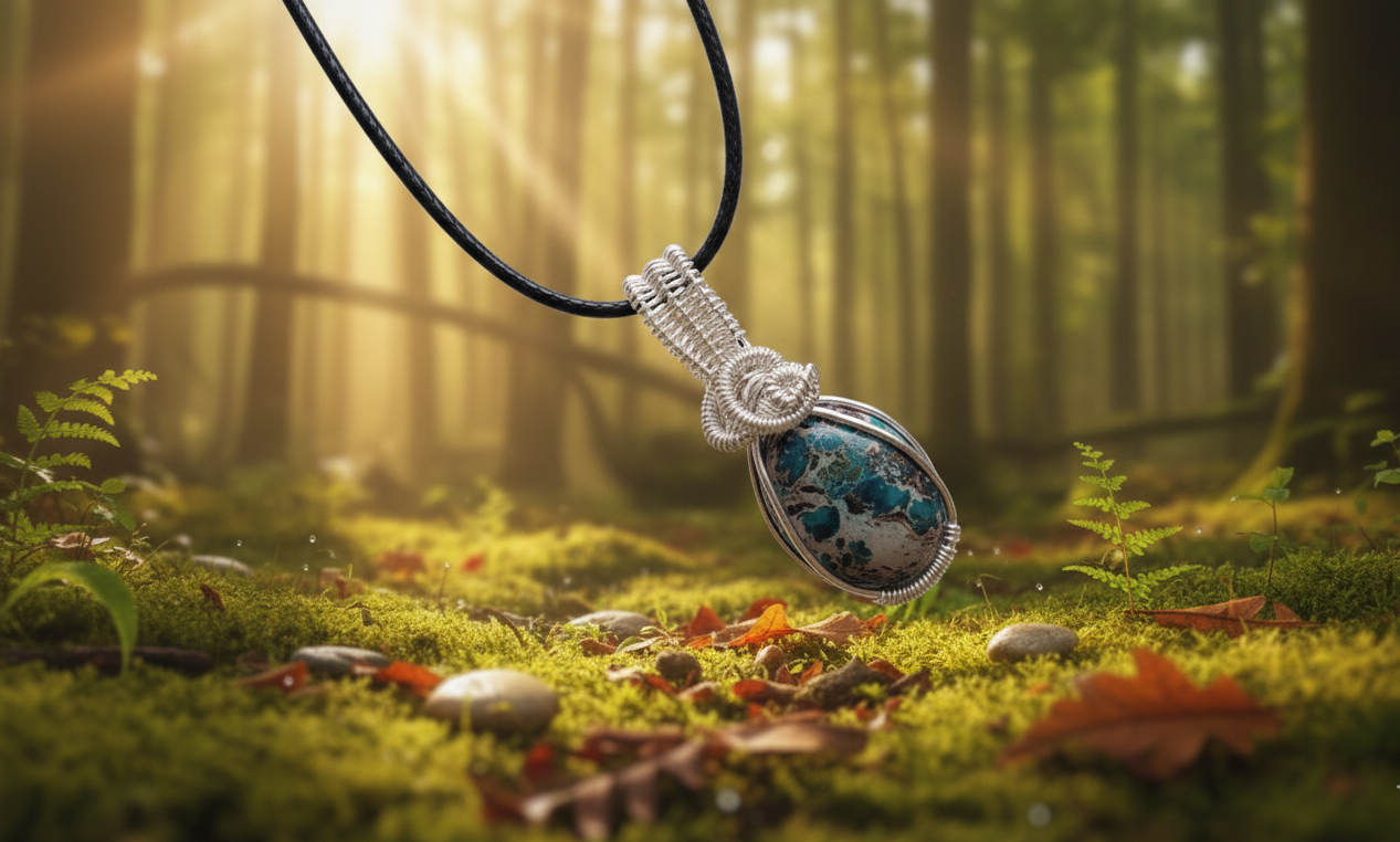 Handgemaakte zilverkleurige wire-wrap hanger met een ovale chrysocolla edelsteen in blauw-groene tinten, gepresenteerd op een sfeervolle bosondergrond met mos en zonlicht.