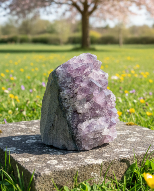 Close-up van de heldere paarse kristallen van een 8,5 cm amethist cluster.