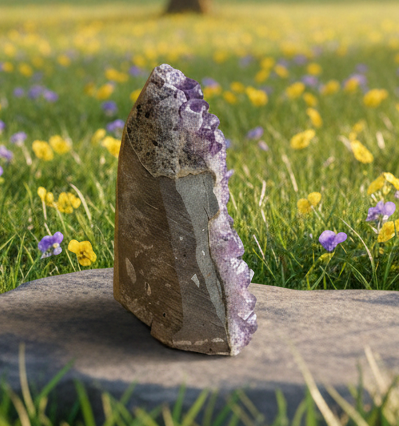 Close-up van de robuuste paarse kristalpunten van een 12 cm hoge amethist.