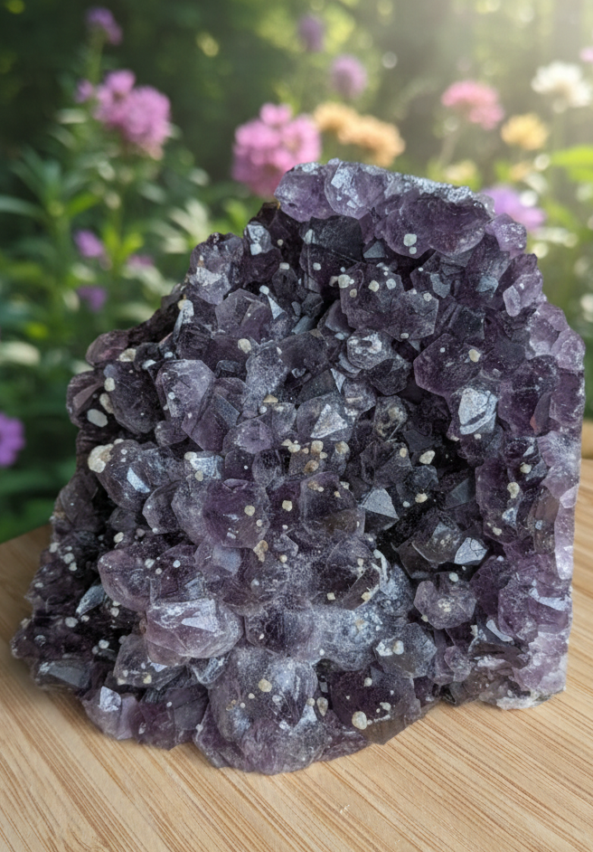 Close-up van de zeldzame calciet formaties op een 1333 gram zware amethist cluster.