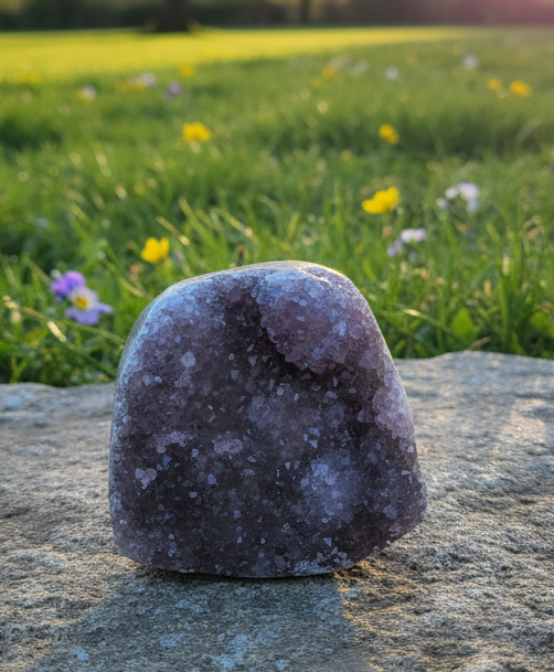 Compacte lila amethist cluster van 263 gram op een stenen ondergrond tijdens zonsondergang.