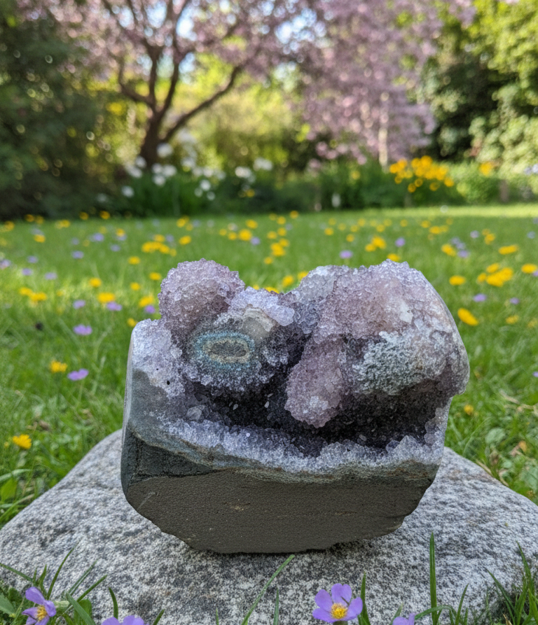 Compacte paarse amethist cluster van 563 gram met unieke kristalstructuur