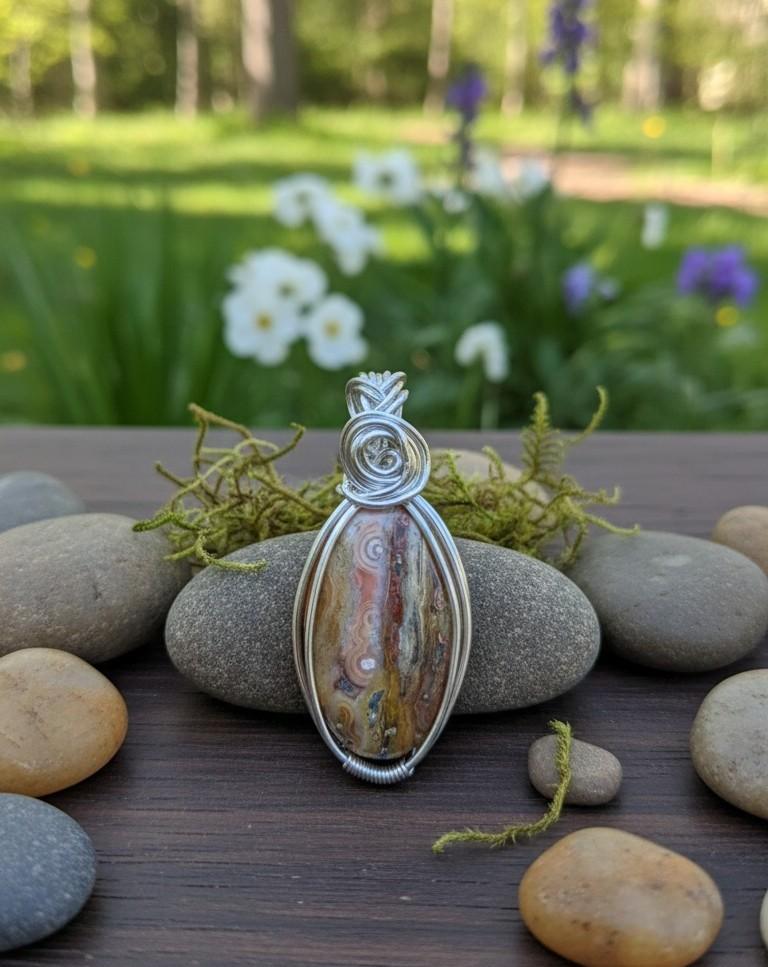 Handgemaakte Crazy Lace Agaat hanger met verzilverd wire wrap design en artistieke spiraal bovenaan.