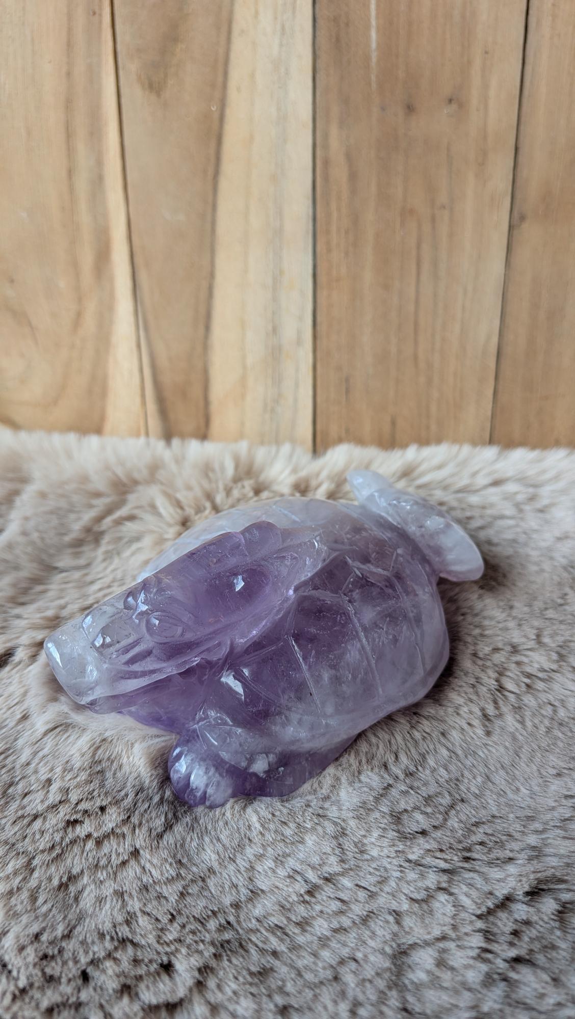 Vooraanzicht van een zware amethist dragon turtle carving van 574 gram met bol schild.