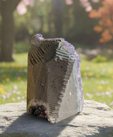 De diepe, robuuste zijkant van een bijna 1 kg zware amethist edelsteen op een houten ondergrond.