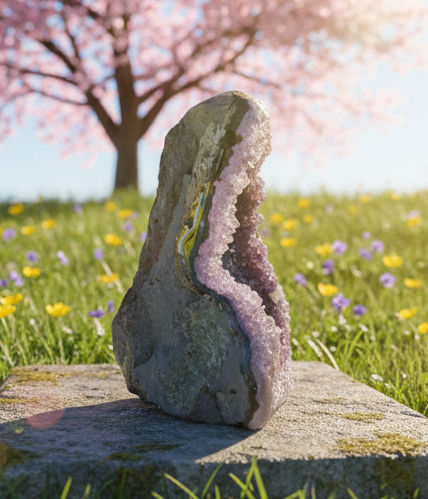 Detail van de natuurlijke grijze achterzijde en de diepe paarse kristalholte van de 12,5 cm hoge amethist.