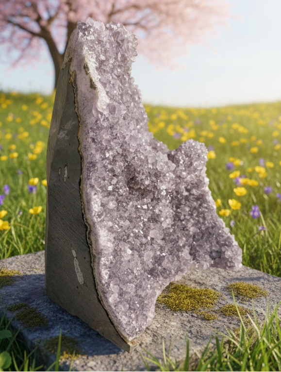 Detail van de talloze glinsterende kristalpunten van de 17 cm hoge "Keizer" amethist.