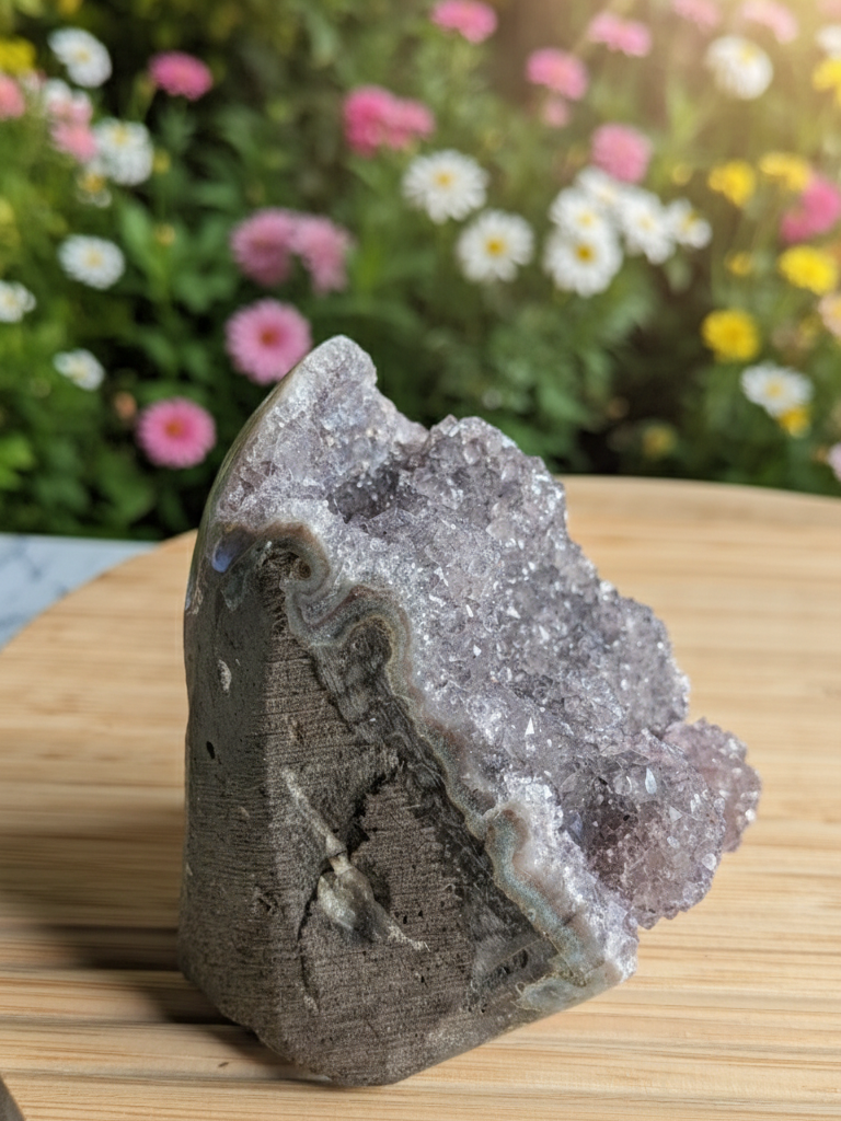 Detail van natuurlijke lila amethist kristallen op een robuuste matrix.