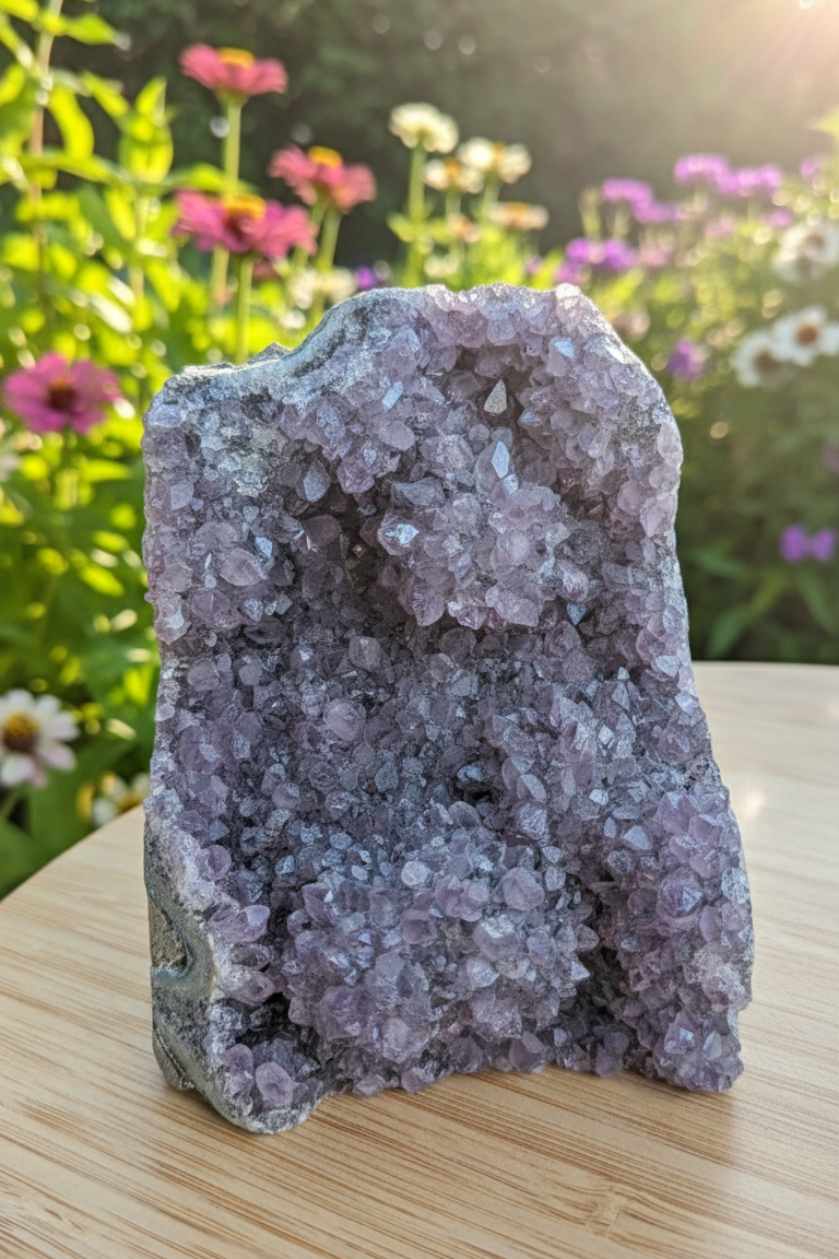 Detailopname van de fonkelende paarse kristallen van een natuurlijke amethist geode.