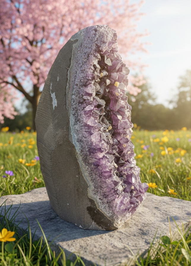 Detailopname van de geometrische calciet kubus formaties op een zware amethist cluster.