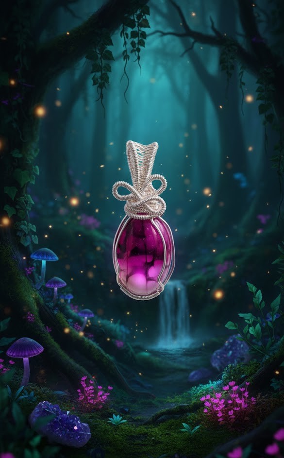 Handgemaakte verzilverde wire-wrap hanger met een paarsroze Drakenader Agaat, zwevend in een magisch, donker bos met lichtgevende paddenstoelen en een waterval.