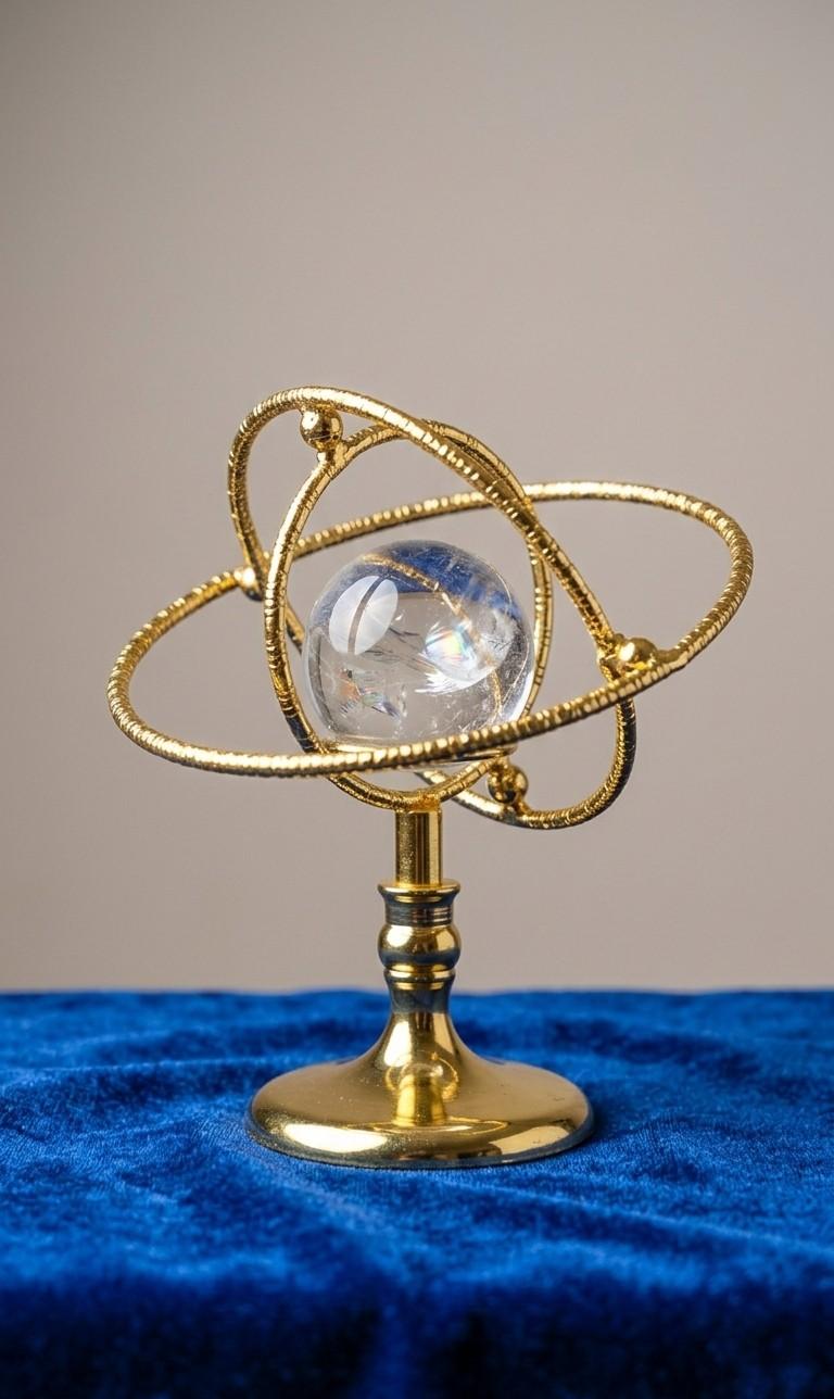 "Luxe gouden armillairsfeer met een natuurlijke 4 cm bergkristal bol op een houten ondergrond, gedetailleerd astronomisch instrument als chique woonaccessoire."